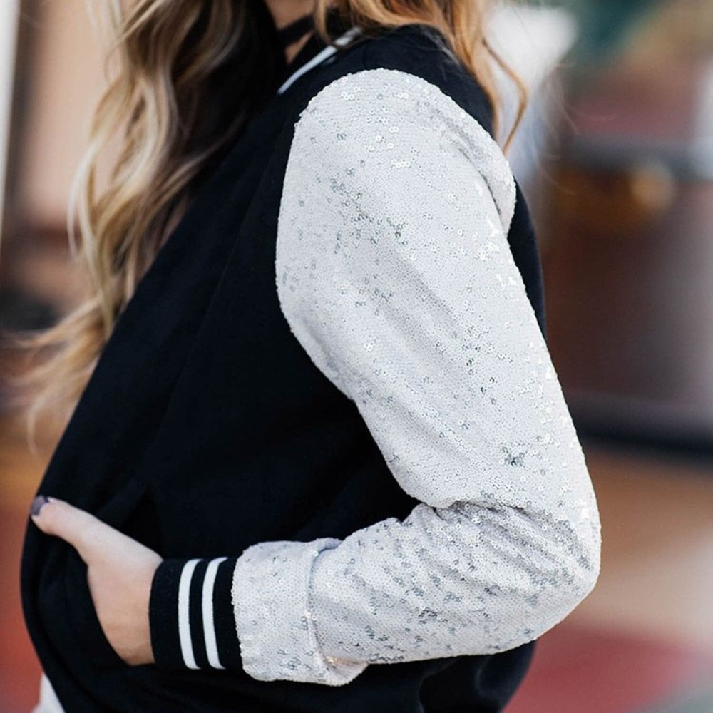 Sequin Sleeve Faux Suede Varsity Jacket - Picture 2 of 7